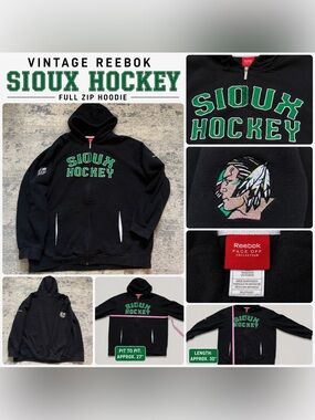 Vintage Reebok Sioux Hockey Full Zip Hoodie 2XL Black UND Fighting Sioux  Logo